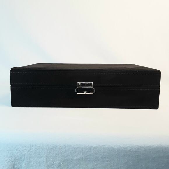 Black Velvety Fabric Lined Jewelry Box Multi Compartments Mirror Locking  Key - Picture 3 of 13